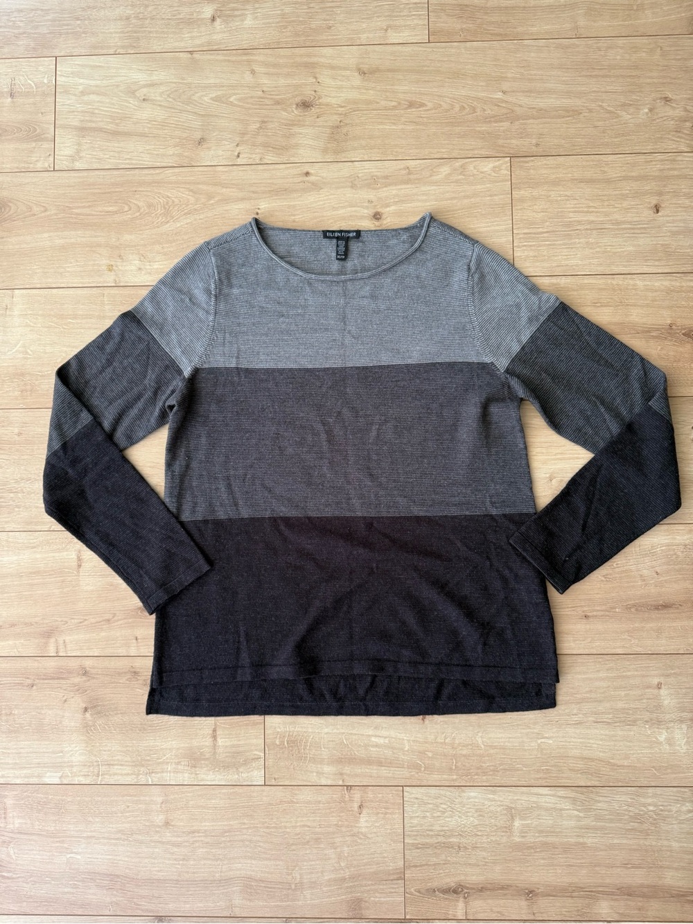 Eileen Fisher Merino Wool Sweater XS Gray Black Colorblock Long Sleeve Top